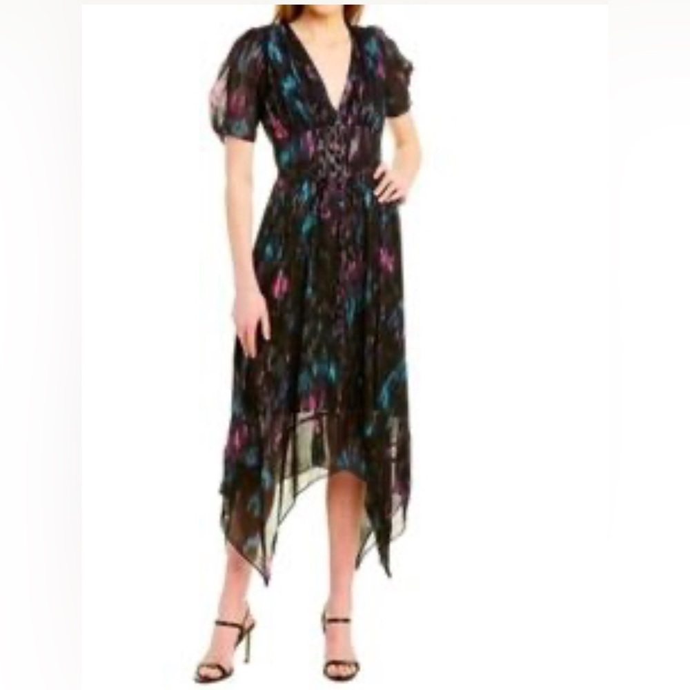 The Kooples NWOT Metallic Puff Sleeve Pink Blue Midi Handkerchief Hem